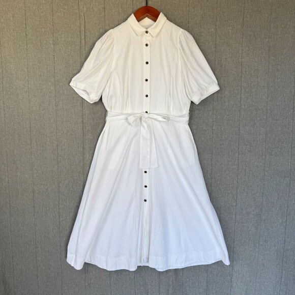 Ann Taylor ivory Linen Blend Short Puff Sleeve Button Front Midi Dress Size 16 - Picture 3 of 17